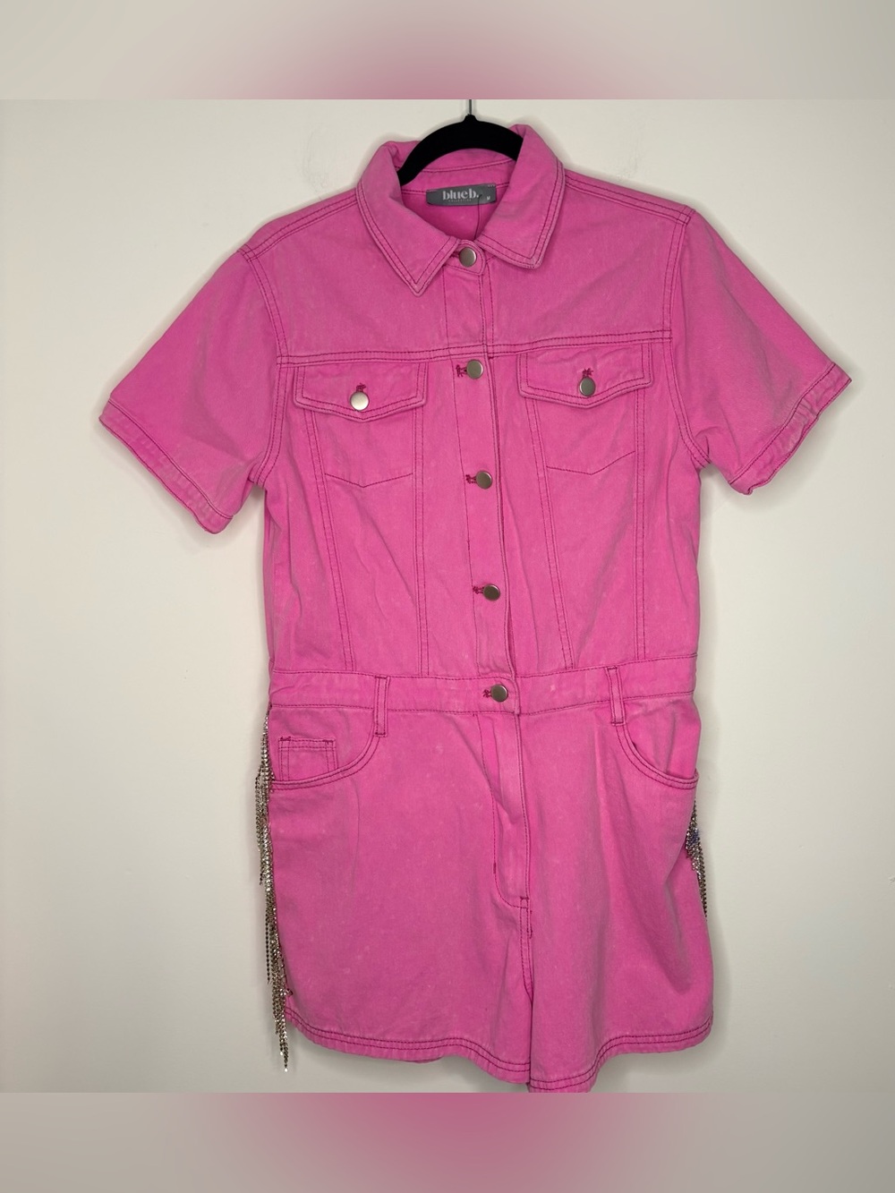 Blue b. By Buckle Washed Pink Rhinestone Fringe Denim Romper Size Medium NWT